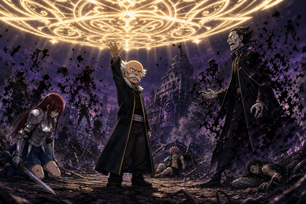 Makarov casts Fairy Law on Jose while the selective light protects Erza and dissolves Phantom shades