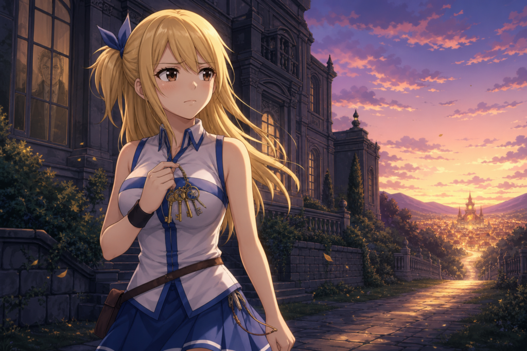 Lucy Heartfilia holds her Celestial Spirit keys while leaving the Heartfilia estate for Magnolia at sunset