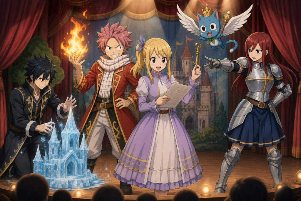 Lucy, Natsu, Gray, Erza, and Happy perform a magical stage play in Fairy Tail Episode 30