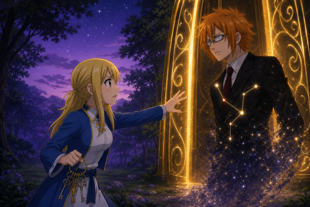 Lucy reaches toward a fading Loke as the Celestial Spirit gate closes under a starry sky