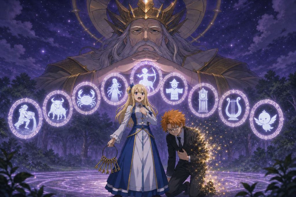 Lucy and her contracted Celestial Spirits stand before the Celestial Spirit King to save a fading Loke