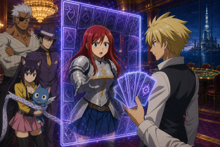 Erza recognizes Sho, Simon, Wally, and Millianna during a Card Magic ambush at Akane Resort