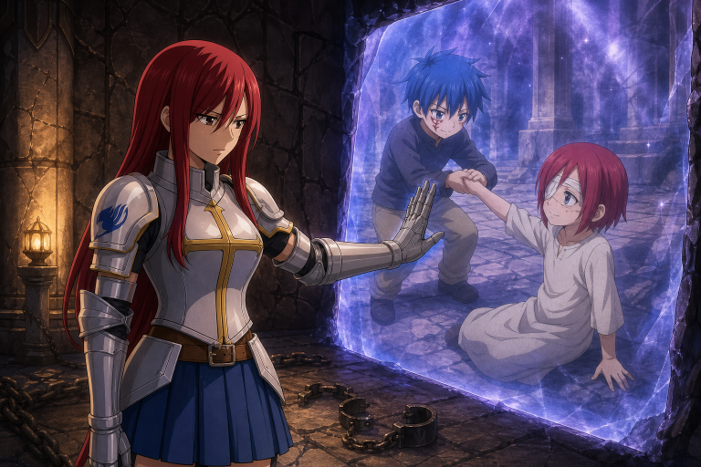 Adult Erza faces a Lacrima memory of young Jellal helping the injured child Erza inside the Tower of Heaven