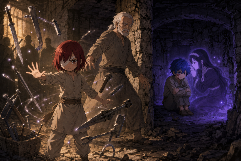 Child Erza awakens her weapon magic beside Rob while Ultear whispers to young Jellal in a separate Tower chamber