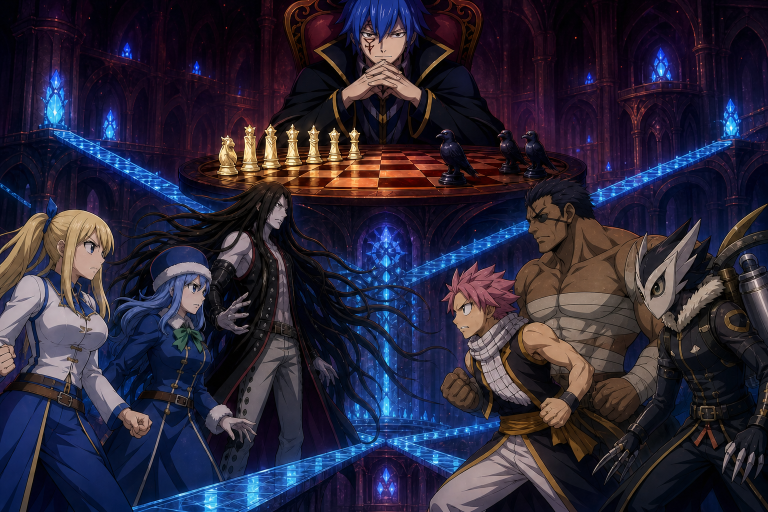 Jellal watches a chessboard above Lucy and Juvia facing Vidaldus and Natsu and Simon facing Fukuro