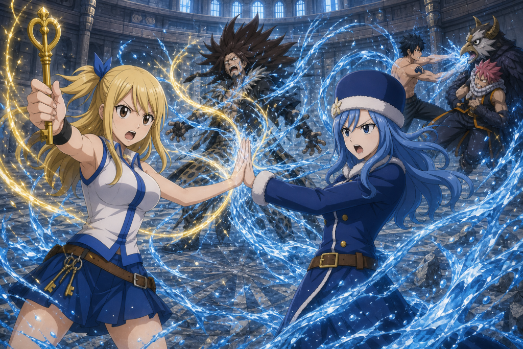 Lucy and Juvia join hands in a water and celestial Unison Raid against Vidaldus while Gray frees Natsu from Fukuro
