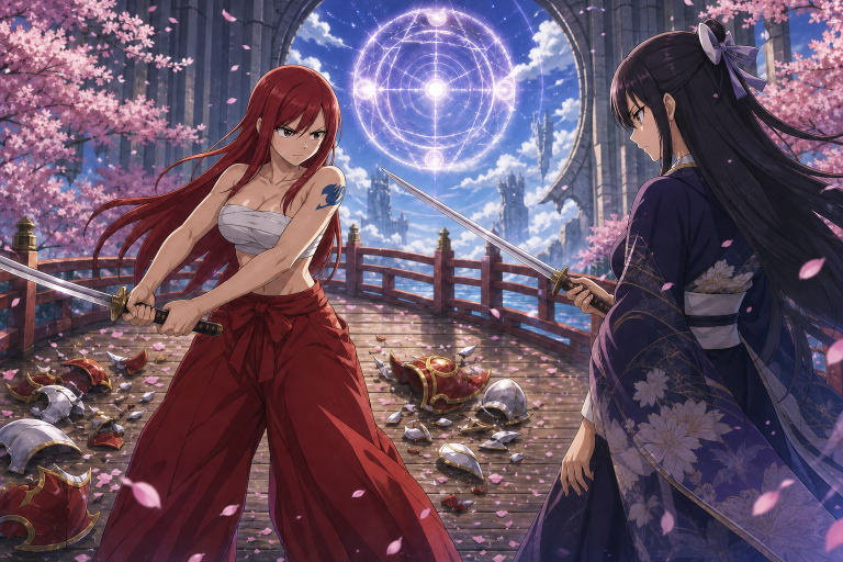 Erza in Clear Heart Clothing faces Ikaruga with one sword each on a cherry-blossom bridge beneath Etherion