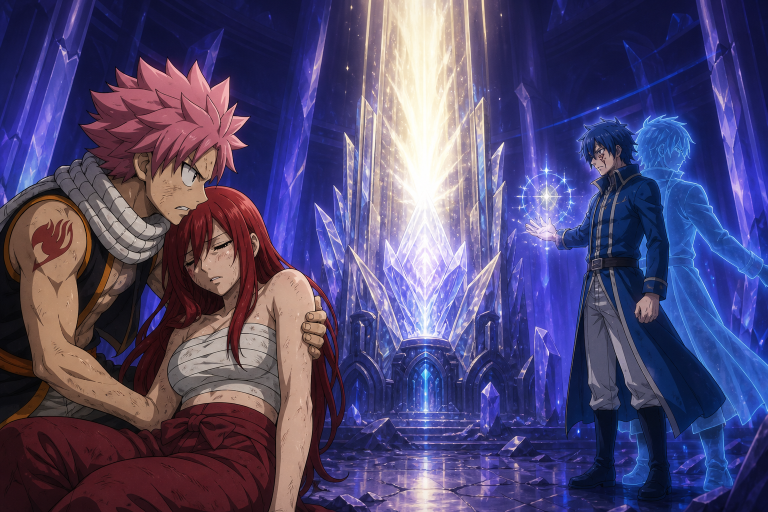 Natsu pulls Erza from the Lacrima chamber while Siegrain merges into Jellal beneath the absorbed Etherion beam