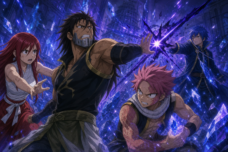 Simon shields Erza and Natsu from Jellal's Altairis as Natsu begins absorbing Etherion Lacrima