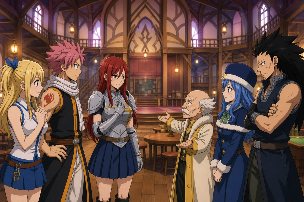 Makarov presents Juvia and Gajeel to Erza, Natsu, and Lucy inside the rebuilt Fairy Tail guild hall
