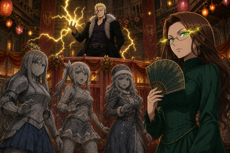 Evergreen petrifies Erza, Lucy, and Juvia on the festival stage while Laxus announces the Battle of Fairy Tail