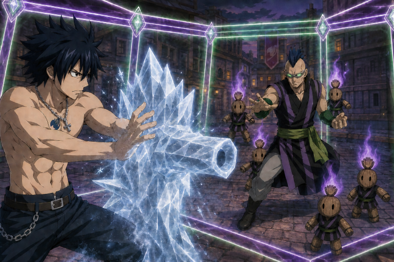 Gray uses two-handed Ice-Make against Bickslow and five wooden doll vessels inside Freed's rune barrier