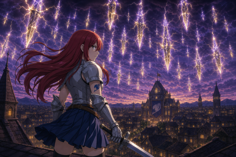 Erza stands above Magnolia beneath Laxus's formation of glowing Thunder Palace lightning lacrima