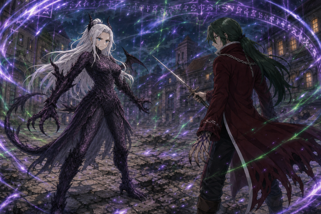 Mirajane in controlled Satan Soul form confronts Freed inside his glowing Dark Écriture rune field