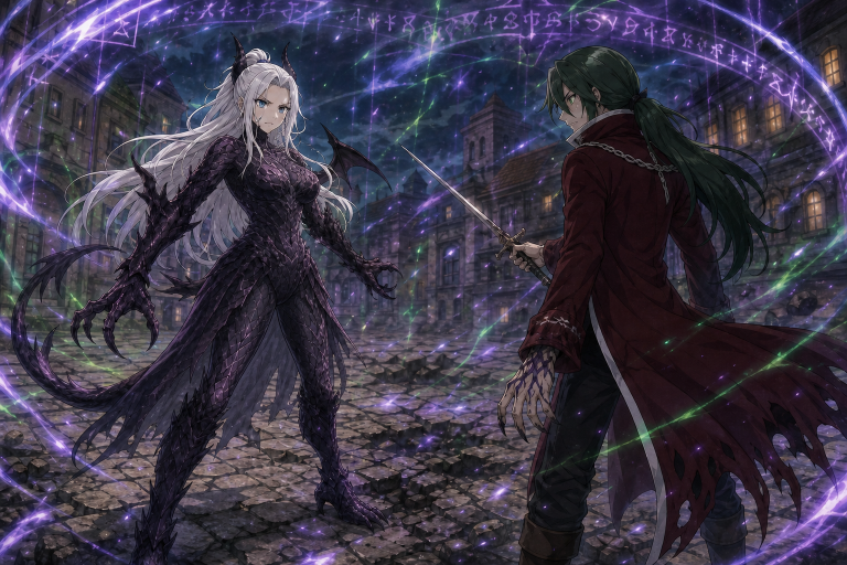 Mirajane in controlled Satan Soul form confronts Freed inside his glowing Dark Écriture rune field
