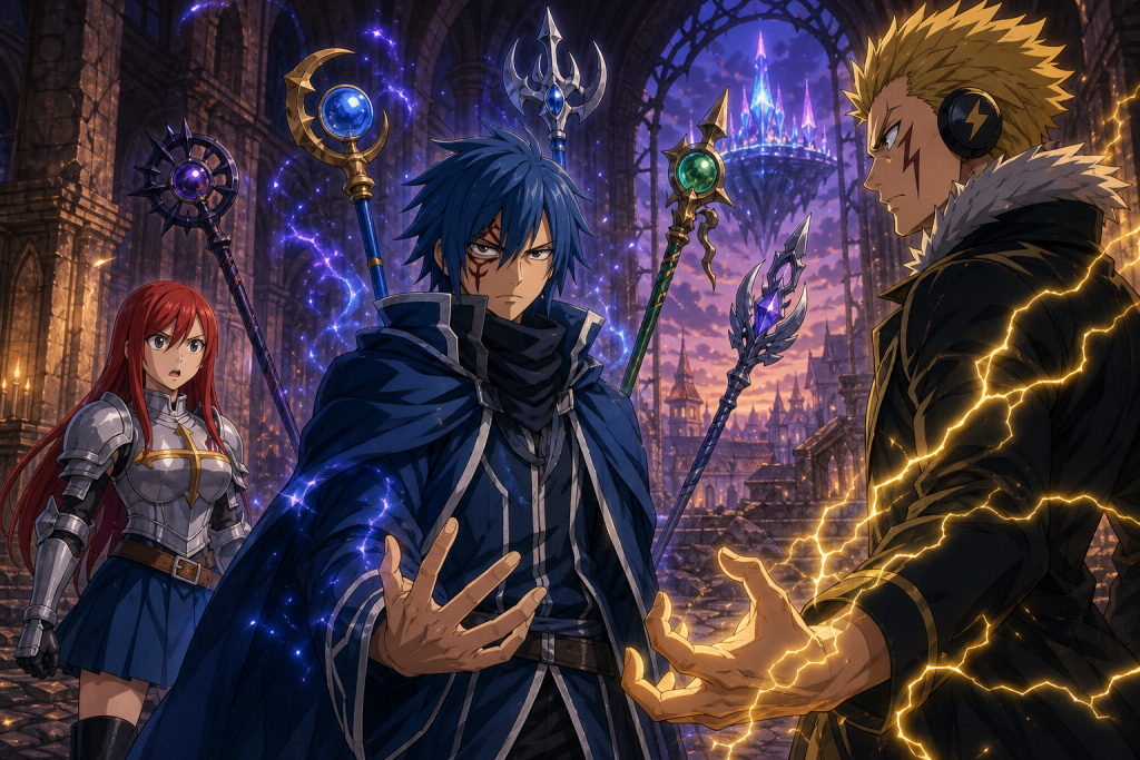 Mystogan faces Laxus inside Kardia Cathedral while Erza sees his revealed Jellal-like face