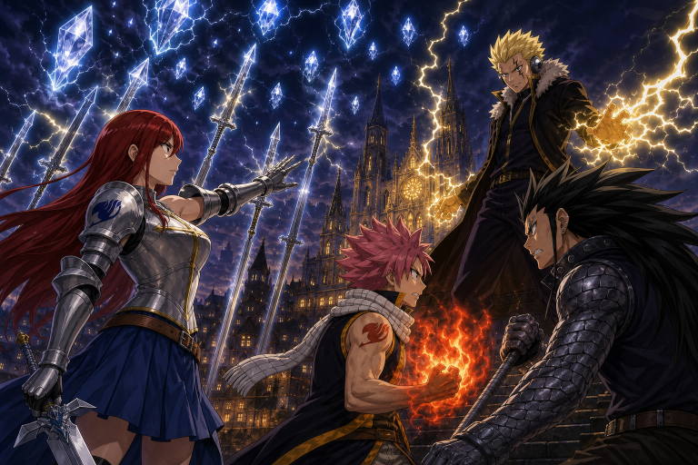 Natsu and Gajeel confront Lightning Dragon Slayer Laxus while Erza and Fairy Tail destroy Thunder Palace over Magnolia