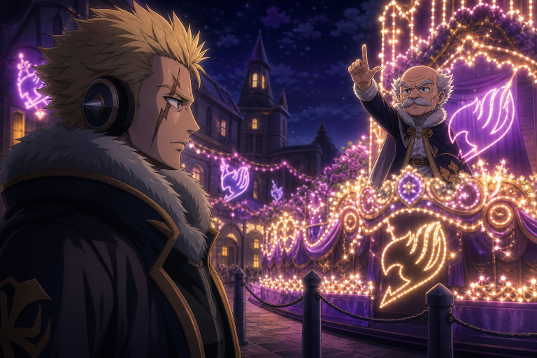 Laxus watches Makarov and Fairy Tail raise their childhood hand sign during the glowing Fantasia parade in Magnolia
