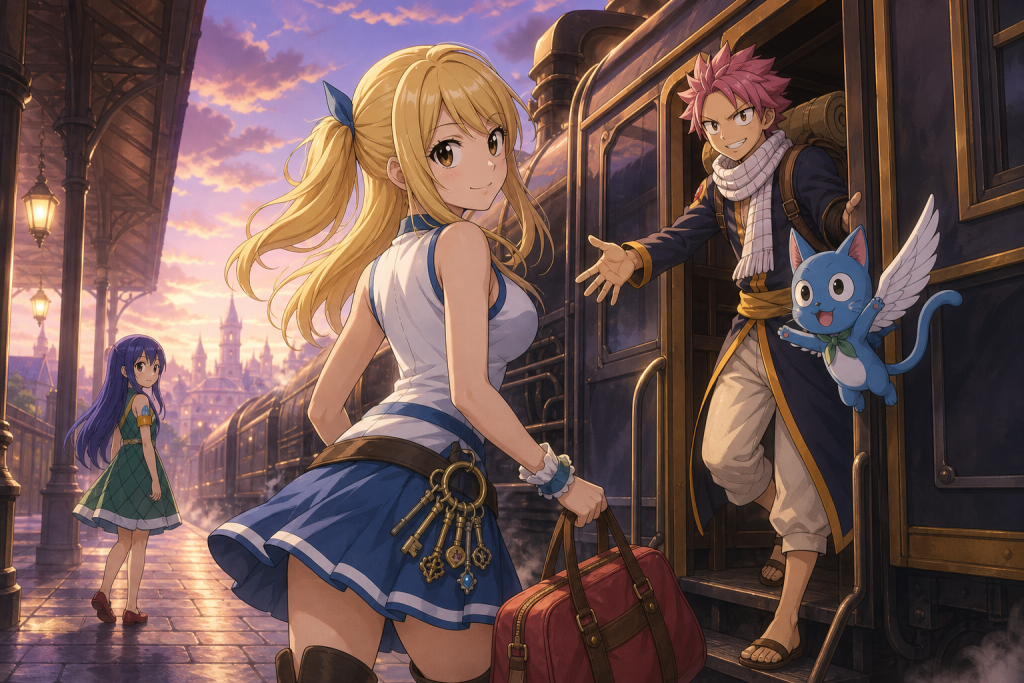 Lucy chooses the train with Natsu and Happy while a mysterious blue-haired girl crosses Magnolia station behind them