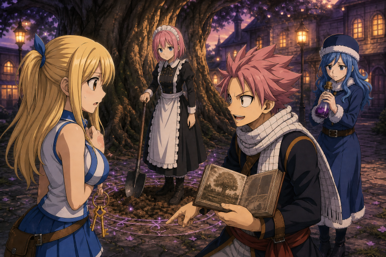 Lucy waits beneath the old tree as Natsu reveals Virgo and a shovel instead of the confession she expected