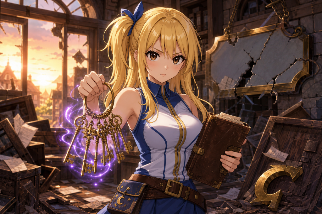 Lucy Heartfilia holds her Celestial Spirit keys and an old merchant ledger inside the damaged Love and Lucky guild