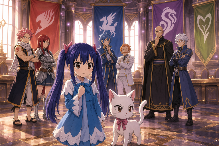 Wendy and Carla arrive before representatives from Fairy Tail, Blue Pegasus, and Lamia Scale at the allied-guild meeting