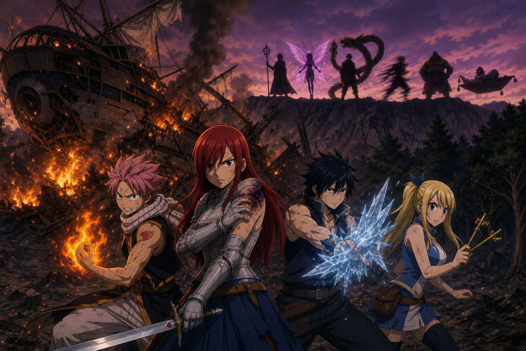 Erza, Natsu, Gray, and Lucy regroup beneath the burning wreckage of Christina as six enemy silhouettes control the ridge