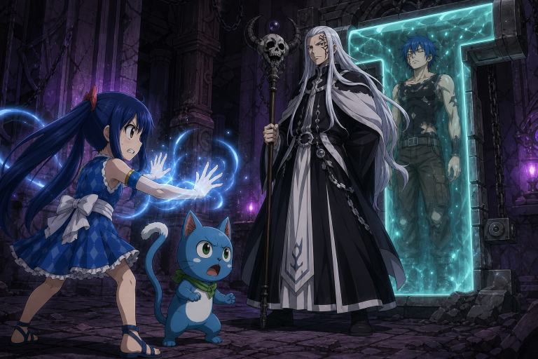 Wendy and Happy face Brain beside Jellal's sealed chamber in the dark guild hideout