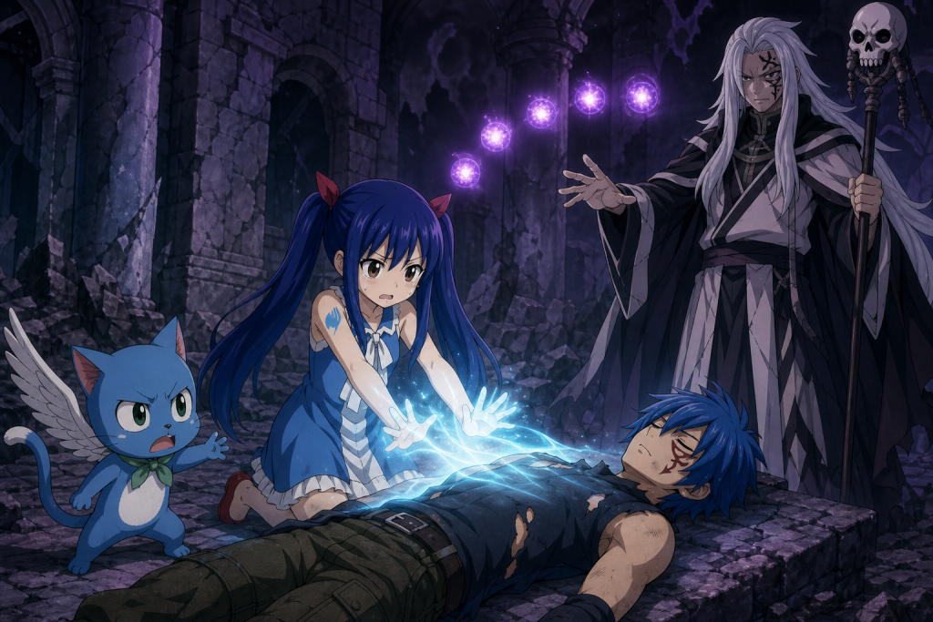 Wendy heals the unconscious Jellal while Happy confronts Brain's five-minute threat inside the ruined chamber