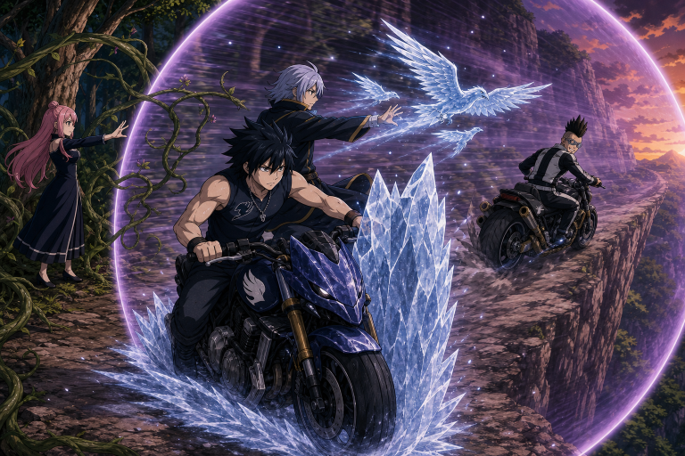 Gray and Lyon use Ice-Make against Racer's motorcycle while Sherry signals outside the slowed-perception field