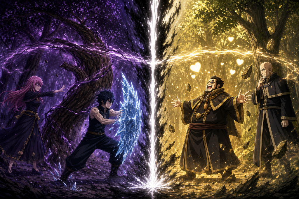 Sherry attacks Gray beneath Nirvana's dark beam while Hoteye lowers his guard beside Jura under the reversing light
