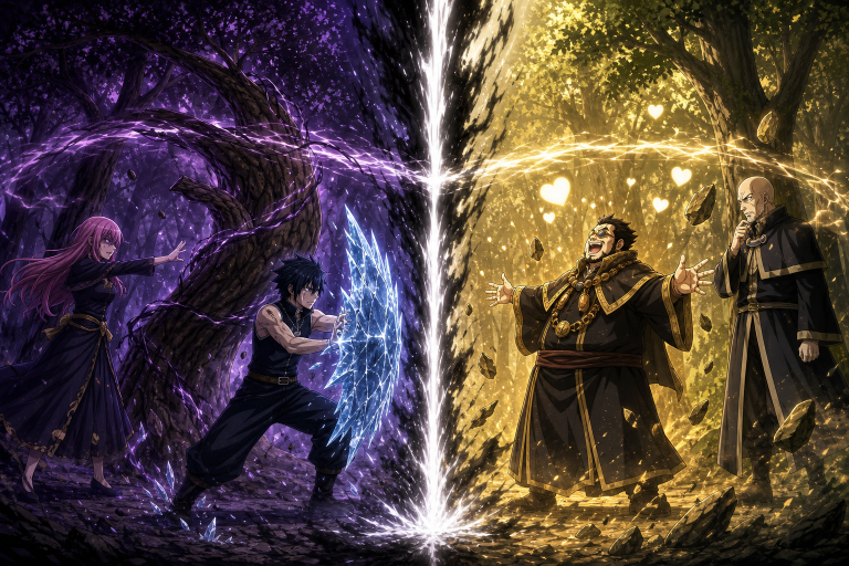 Sherry attacks Gray beneath Nirvana's dark beam while Hoteye lowers his guard beside Jura under the reversing light