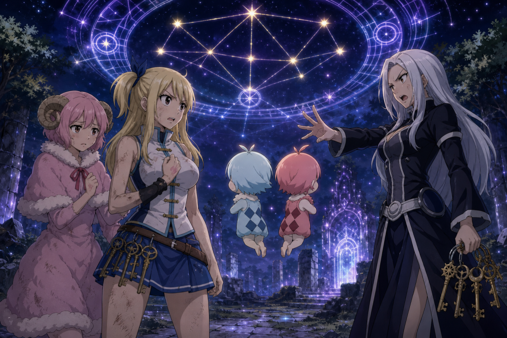 Lucy protects Aries as Gemini refuses Angel's command and Urano Metria forms above the Celestial Spirit battlefield