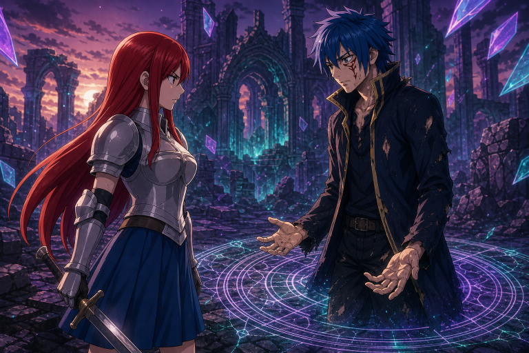 Erza faces an amnesiac Jellal inside a glowing self-destruction circle at the ruins of Nirvana