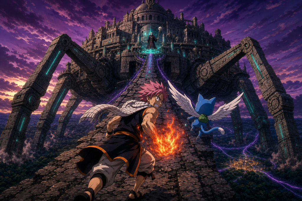 Natsu and Happy race toward Brain as the six-legged city of Nirvana marches toward Cait Shelter
