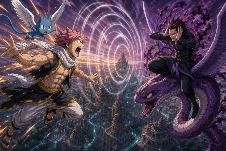 Happy carries Natsu through the sky as his roar overwhelms Cobra and Cubellios above the walking city of Nirvana