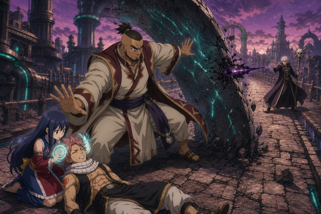 Jura raises a massive iron-rock wall against Brain while Wendy uses Sky Magic to stabilize Natsu on Nirvana