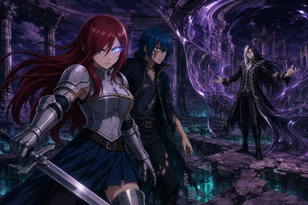 Erza uses her artificial eye to see through Midnight's illusion while Jellal stands beside her on Nirvana