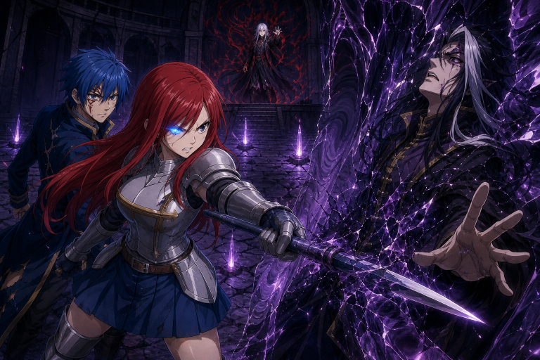Erza's artificial eye cuts through Midnight's monster illusion as Zero awakens behind the six broken seals of Nirvana