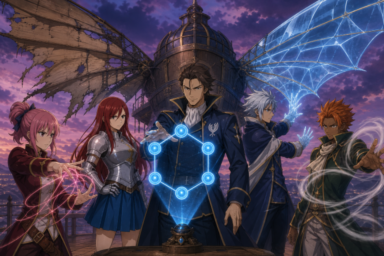 Christina flies on an Ice-Make wing as Hibiki projects Nirvana's six Lacrima targets to Erza and the allied guilds