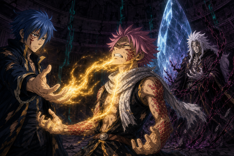 Jellal offers the golden Flame of Rebuke as Natsu enters Dragon Force before Zero and the guarded Lacrima