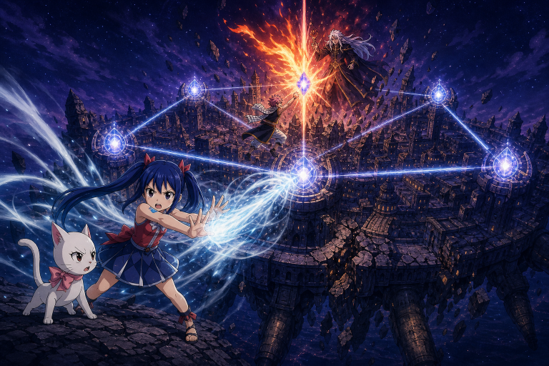 Wendy and Carla coordinate beside Lacrima Six while Natsu's fiery strike hits Zero at Nirvana's central Lacrima