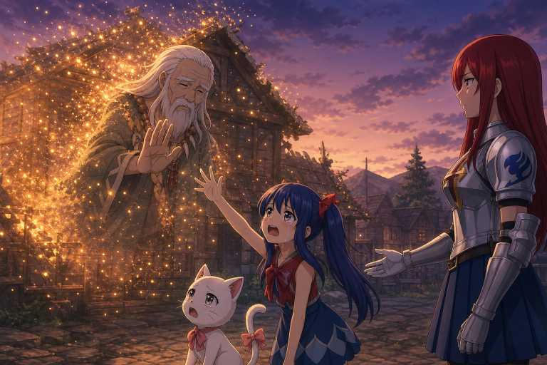 Wendy and Carla reach toward the fading Roubaul and Cait Shelter guild while Erza offers support nearby