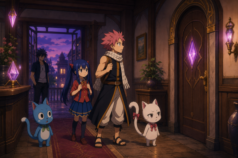 Natsu, Wendy, Happy, and Carla enter Daphne's empty automated hotel while Gray watches from the shadows