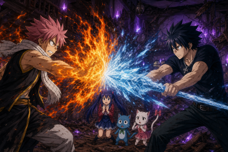 Natsu and Gray clash with fire and Ice-Make inside Daphne's concealed hotel while Wendy, Happy, and Carla witness the betrayal