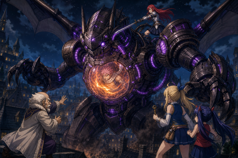 Natsu is trapped inside Daphne's powered Dragonoid while Erza fights on its back and Fairy Tail mobilizes below in Magnolia