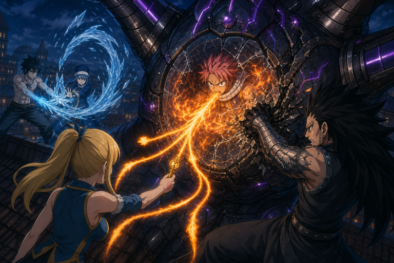 Lucy combines Fairy Tail's shared fire as Gajeel breaks the Dragonoid core and Natsu overloads the machine from inside