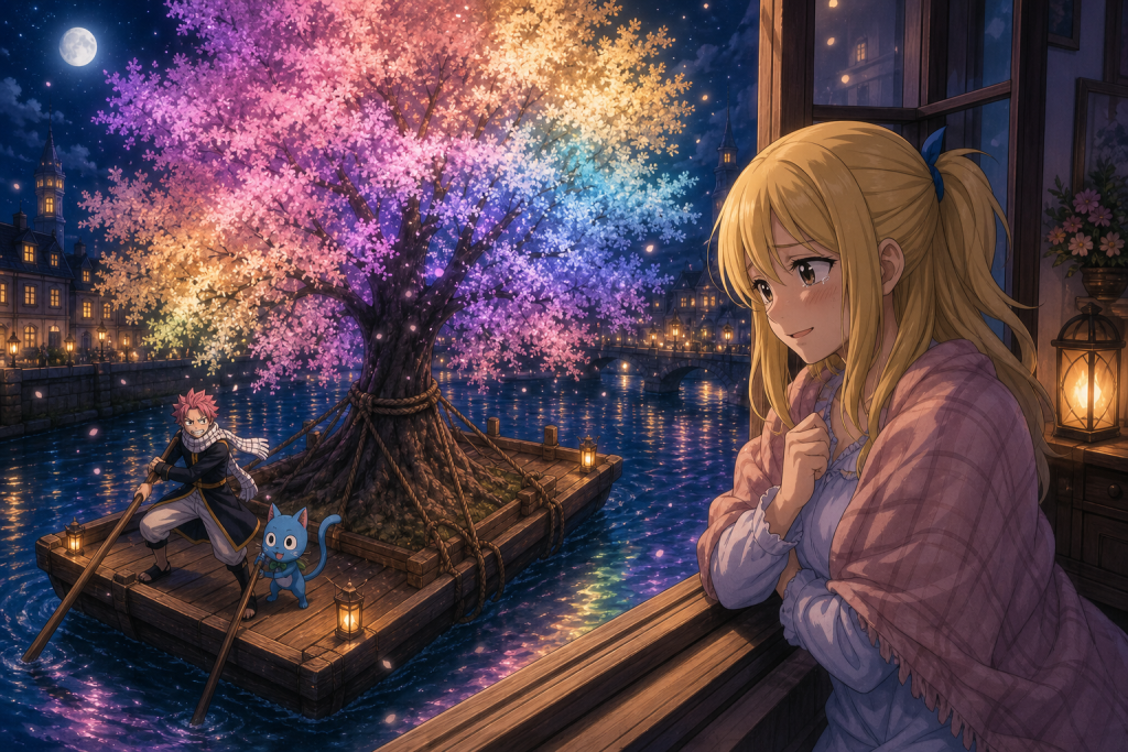 Lucy watches the glowing Rainbow Sakura from her apartment window as Natsu and Happy guide the tree past on a riverboat