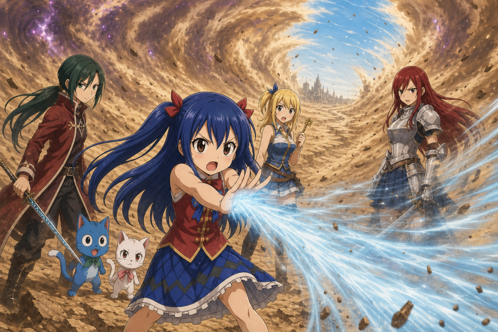 Wendy disperses a cursed desert sandstorm with Sky Dragon's Roar while Freed, Happy, Carla, Lucy, and Erza take shelter behind her