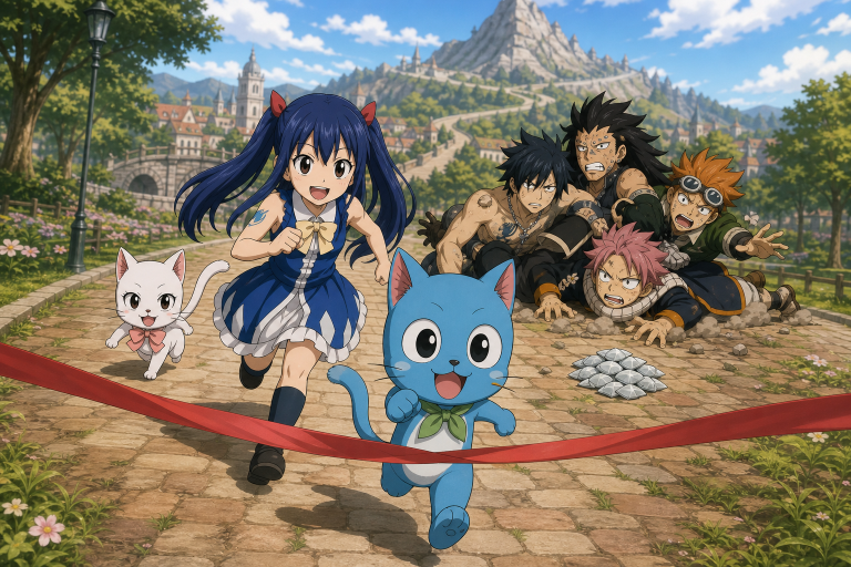 Happy runs toward the finish with Wendy and Carla behind him while Natsu, Gray, Gajeel, and Jet struggle in Fairy Tail's 24-hour road race